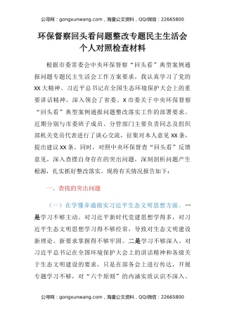 环保督察回头看问题整改专题民主生活会个人对照检查材料
