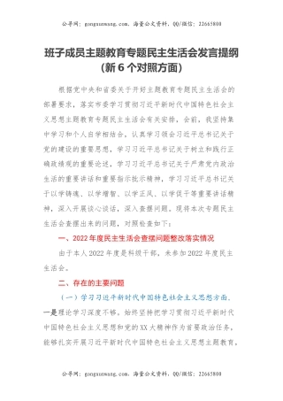 班子成员主题教育专题民主生活会发言提纲（新6个对照方面）