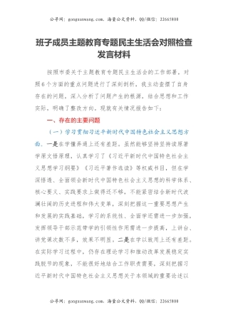 班子成员主题教育专题民主生活会对照检查发言材料