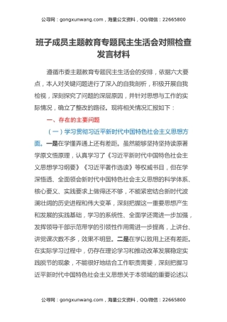 班子成员主题教育专题民主生活会对照检查发言材料（2）