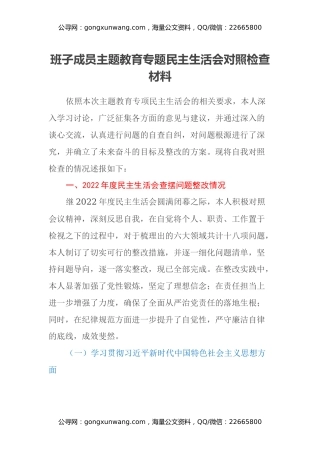 班子成员主题教育专题民主生活会对照检查材料