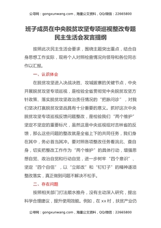 班子成员在中央脱贫攻坚专项巡视整改专题民主生活会发言提纲