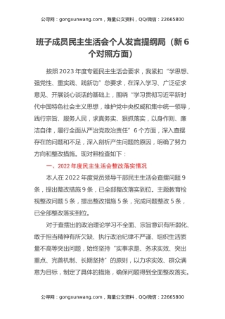 班子成员民主生活会个人发言提纲局（新6个对照方面）