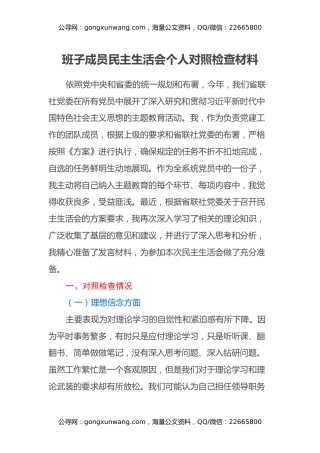 班子成员民主生活会个人对照检查材料（2）