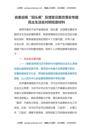 省委巡视“回头看”反馈意见整改落实专题民主生活会对照检查材料