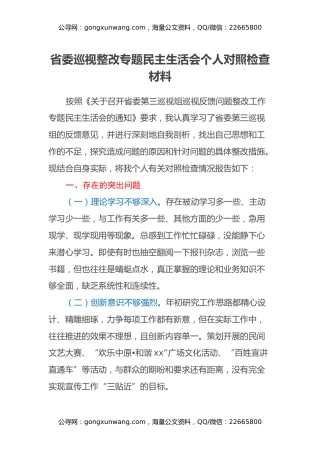 省委巡视整改专题民主生活会个人对照检查材料
