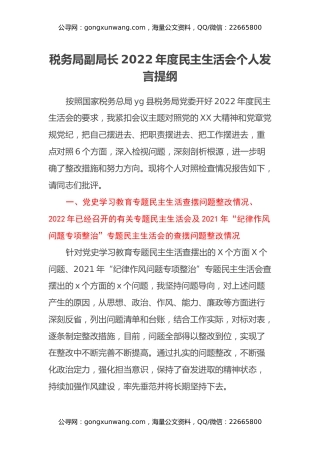 税务局副局长2022年度民主生活会个人发言提纲2