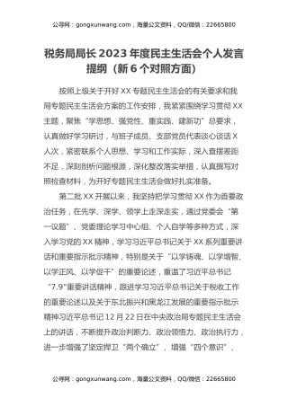 税务局局长2023年度第二批民主生活会个人发言提纲（新6个对照方面）