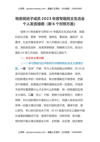税务局班子成员2023年度专题民主生活会个人发言提纲（新6个对照方面）