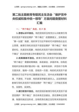 第二批主题教育专题民主生活会“维护党中央权威和集中统一领导”方面问题查摆材料汇编