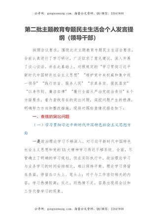 第二批主题教育专题民主生活会个人发言提纲（领导干部）