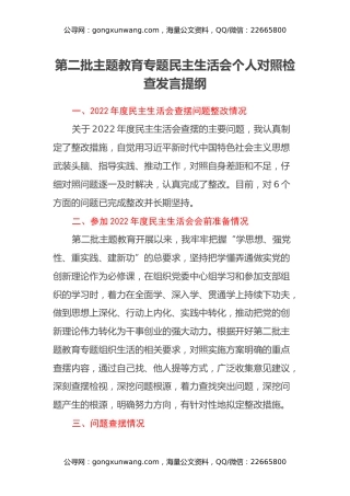 第二批主题教育专题民主生活会个人对照检查发言提纲
