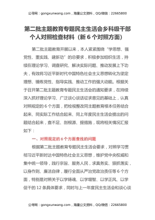第二批主题教育专题民主生活会乡科级干部个人对照检查材料（新6个对照方面）