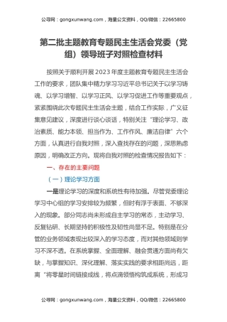 第二批主题教育专题民主生活会党委（党组）领导班子对照检查材料