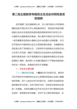 第二批主题教育专题民主生活会对照检查发言提纲（2）