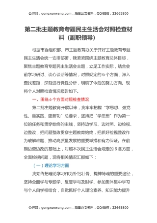 第二批主题教育专题民主生活会对照检查材料（副职领导）
