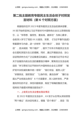 第二批主题教育专题民主生活会班子对照发言材料（新6个对照方面）
