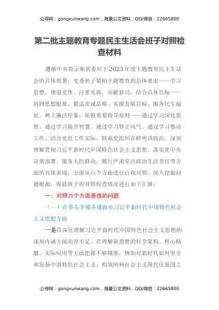 第二批主题教育专题民主生活会班子对照检查材料（新六个方面）