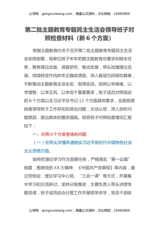 第二批主题教育专题民主生活会领导班子对照检查材料（新6个方面）