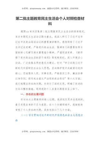 第二批主题教育民主生活会个人对照检查材料