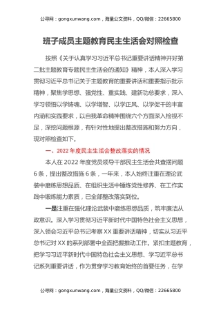 第二批班子成员主题教育民主生活会对照检查（上年度整改落实情况、新6个对照方面）