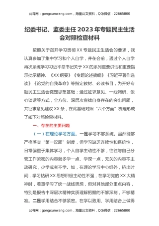 纪委书记、监委主任2023年专题民主生活会对照检查材料