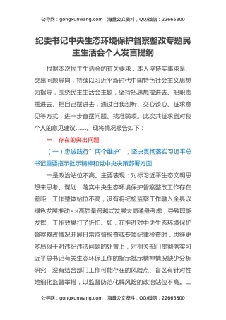 纪委书记中央生态环境保护督察整改专题民主生活会个人发言提纲