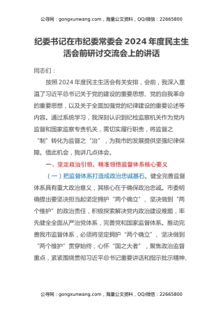 纪委书记在市纪委常委会2024年度民主生活会前研讨交流会上的讲话