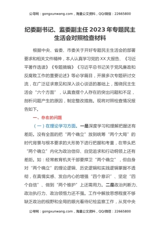 纪委副书记、监委副主任2023年专题民主生活会对照检查材料
