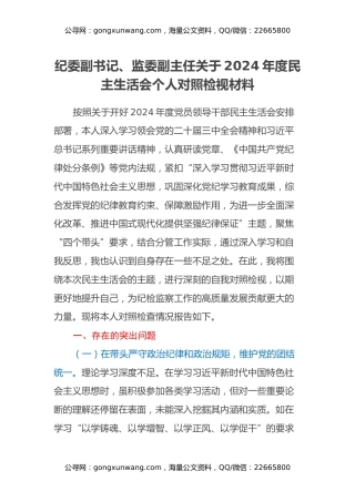 纪委副书记、监委副主任关于2024年度民主生活会个人对照检视材料（四个带头+以案为鉴促改）