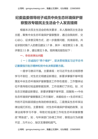 纪委监委领导班子成员中央生态环境保护督察整改专题民主生活会个人发言提纲