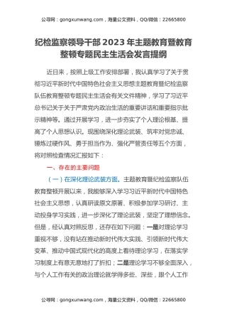 纪检监察领导干部2023年主题教育暨教育整顿专题民主生活会发言提纲