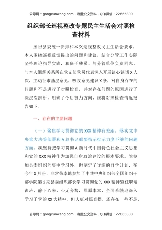 组织部长巡视整改专题民主生活会对照检查材料