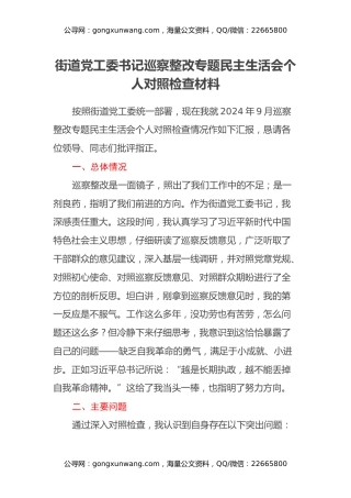 街道党工委书记巡察整改专题民主生活会个人对照检查材料