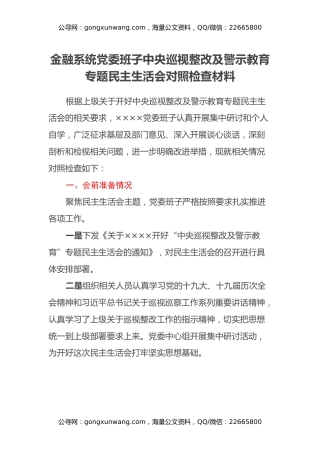 金融系统党委班子中央巡视整改及警示教育专题民主生活会对照检查材料 (3)