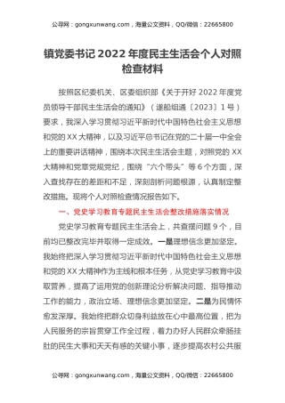 镇党委书记2022年度民主生活会个人对照检查材料