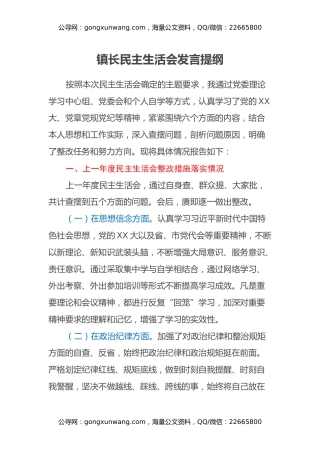 镇长民主生活会发言提纲