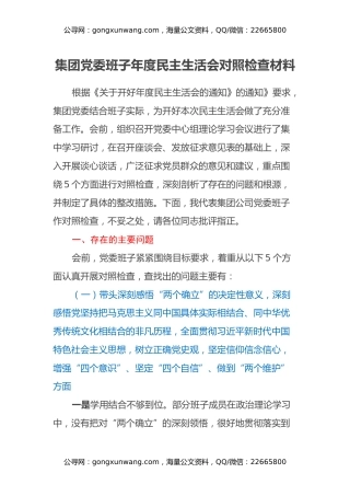 集团党委班子年度民主生活会对照检查材料