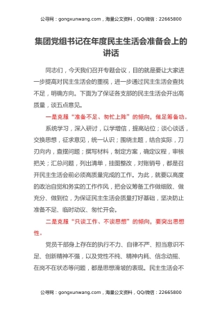 集团党组书记在年度民主生活会准备会上的讲话