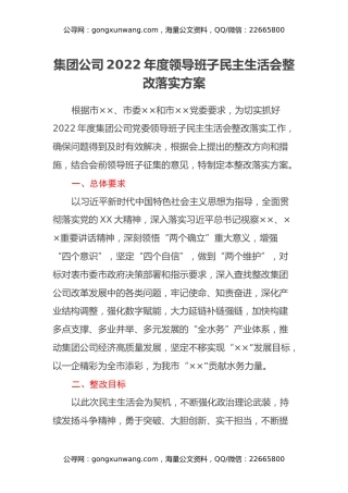 集团公司2022年度领导班子民主生活会整改落实方案