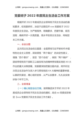 集团公司党委班子2022年度民主生活会工作方案