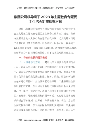 集团公司领导班子2023年主题教育专题民主生活会对照检查材料