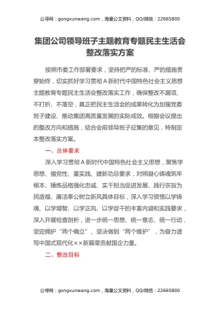 集团公司领导班子主题教育专题民主生活会整改落实方案