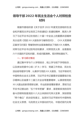 领导干部2022年民主生活会个人对照检查材料