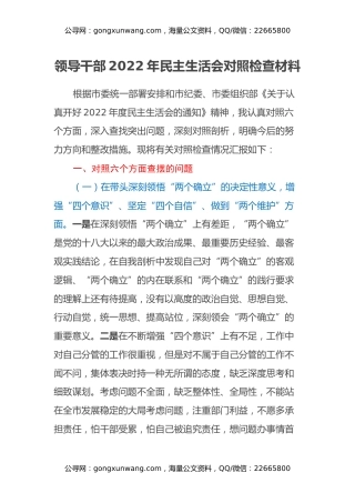 领导干部2022年民主生活会对照检查材料