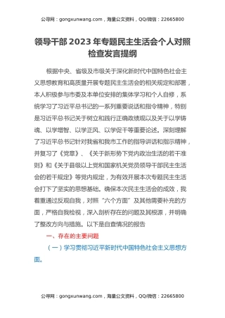 领导干部2023年专题民主生活会个人对照检查发言提纲