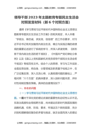 领导干部2023年主题教育专题民主生活会对照发言材料（新6个对照方面）（2）