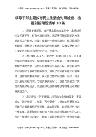 领导干部主题教育民主生活会对照检查、检视剖析问题清单10条