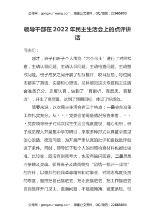 领导干部在2022年民主生活会上的点评讲话