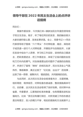 领导干部在2022年民主生活会上的点评讲话提纲
